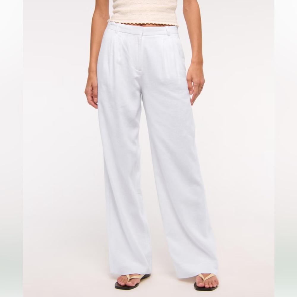 Abercrombie & Fitch Women's Crisp White Wide Leg Linen Blend Trousers